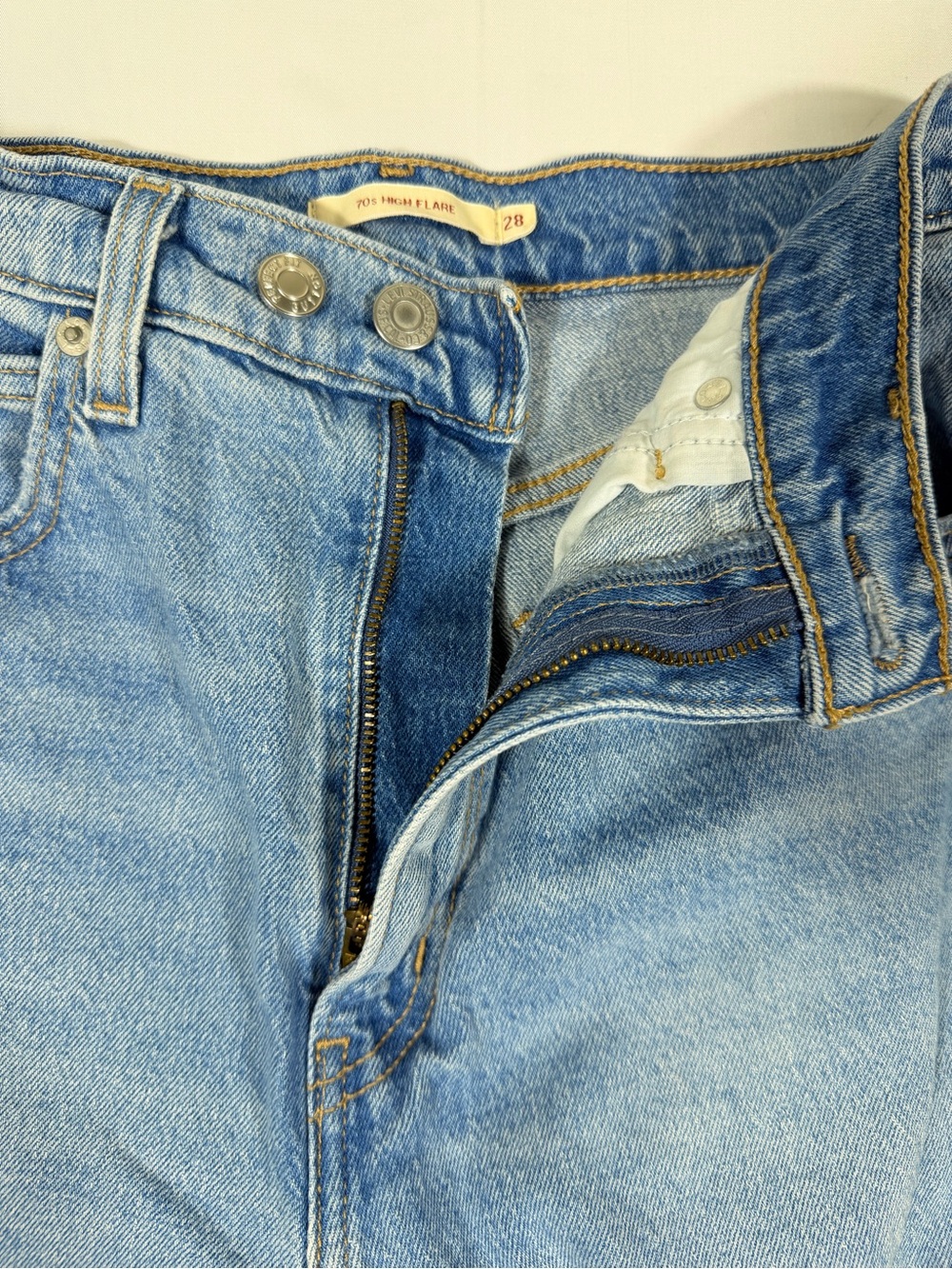 Levi’s 70s High Light Blue Distressed Flare Jeans - Picture 8 of 13